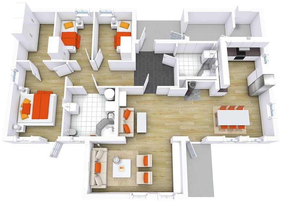 Denah Rumah 3 Kamar Kombinasi Putih Orange