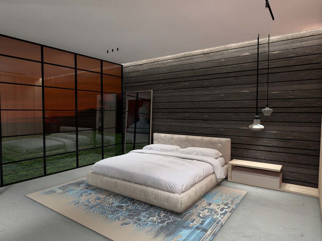 Kamar tidur dengan Dinding kayu dan kaca