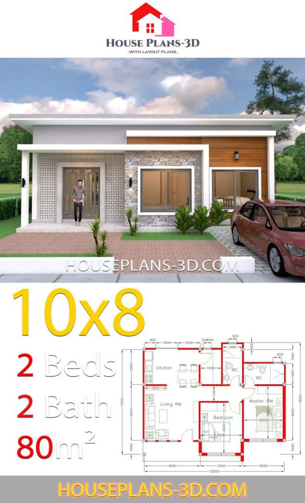 Desain Rumah 8x10 2 Kamar Tidur dengan Halaman Luas